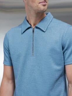 Quinta Textured Zip Polo Shirt In Aqua Blue -Cheap Shirts Shop QUINTA ZIP POLO AQUA BLUE 0058