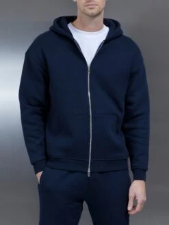 Relaxed Zip Through Hoodie In Navy