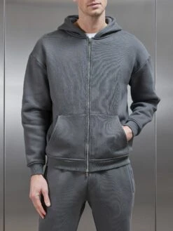 Relaxed Zip Through Hoodie In Grey -Cheap Shirts Shop RELAXED ZIP THROUGH HOODIE IN CHARCOAL 4066