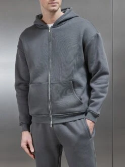 Relaxed Zip Through Hoodie In Grey -Cheap Shirts Shop RELAXED ZIP THROUGH HOODIE IN CHARCOAL 4073