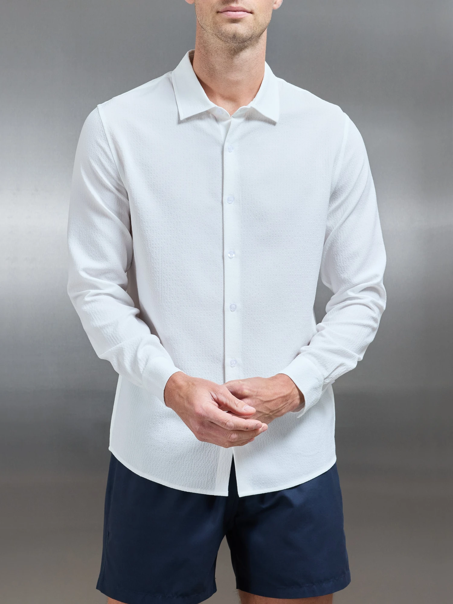 Seersucker Long Sleeve Cutaway Collar Shirt In White 5 Seersucker Long Sleeve Cutaway Collar Shirt In White - Image 3