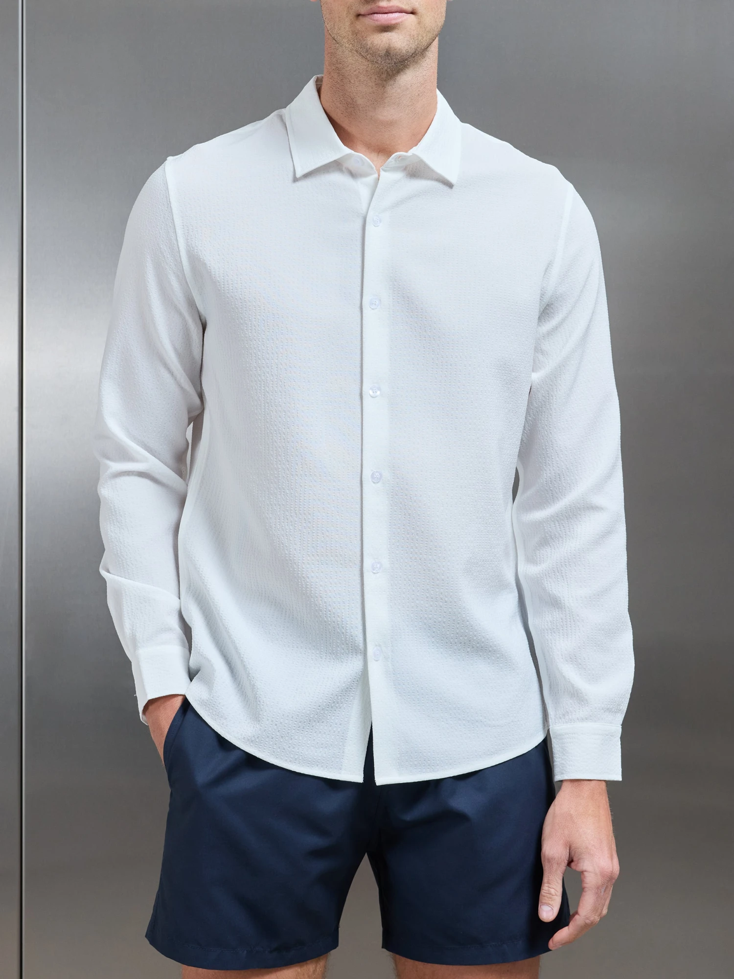 Seersucker Long Sleeve Cutaway Collar Shirt In White 3 Seersucker Long Sleeve Cutaway Collar Shirt In White