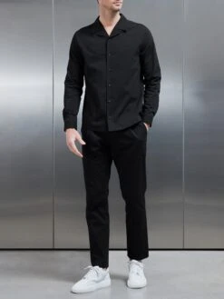 Seersucker Revere Collar Long Sleeve Shirt In Black -Cheap Shirts Shop SEERSUCKER REVERE COLLAR LONG SLEEVE SHIRT IN BLACK 0511