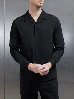 Seersucker Revere Collar Long Sleeve Shirt In Black -Cheap Shirts Shop SEERSUCKER REVERE COLLAR LONG SLEEVE SHIRT IN BLACK 0528