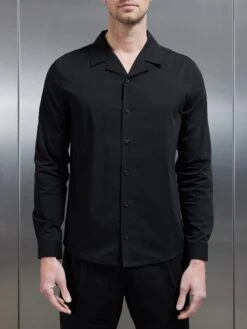 Seersucker Revere Collar Long Sleeve Shirt In Black