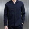 Seersucker Revere Collar Long Sleeve Shirt In Navy 2 Seersucker Revere Collar Long Sleeve Shirt In Navy -Cheap Shirts Shop SEERSUCKER REVERE COLLAR LONG SLEEVE SHIRT IN NAVY 0329
