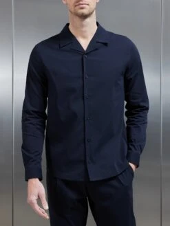Seersucker Revere Collar Long Sleeve Shirt In Navy