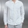 Seersucker Revere Collar Long Sleeve Shirt In White -Cheap Shirts Shop SEERSUCKER REVERE COLLAR LONG SLEEVE SHIRT IN WHITE 0497