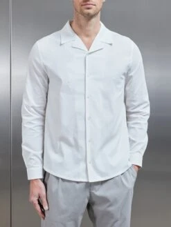 Seersucker Revere Collar Long Sleeve Shirt In White