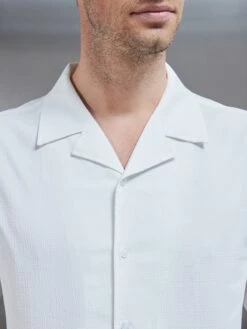 Seersucker Revere Collar Long Sleeve Shirt In White -Cheap Shirts Shop SEERSUCKER REVERE COLLAR LONG SLEEVE SHIRT IN WHITE 0500