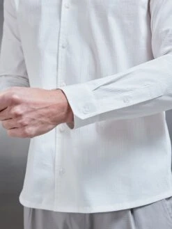 Seersucker Revere Collar Long Sleeve Shirt In White -Cheap Shirts Shop SEERSUCKER REVERE COLLAR LONG SLEEVE SHIRT IN WHITE 0507