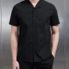 Seersucker Revere Collar Shirt In Black -Cheap Shirts Shop SEERSUCKER REVERE COLLAR SHORT SLEEVE SHIRT IN BLACK 0839