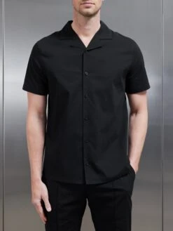 Seersucker Revere Collar Shirt In Black