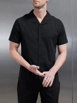 Seersucker Revere Collar Shirt In Black -Cheap Shirts Shop SEERSUCKER REVERE COLLAR SHORT SLEEVE SHIRT IN BLACK 0847