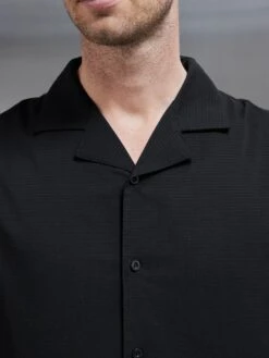 Seersucker Revere Collar Shirt In Black -Cheap Shirts Shop SEERSUCKER REVERE COLLAR SHORT SLEEVE SHIRT IN BLACK 0849