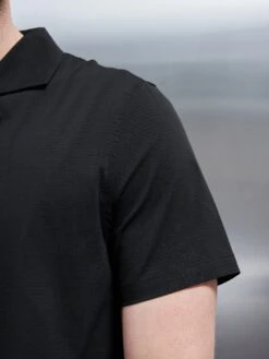 Seersucker Revere Collar Shirt In Black -Cheap Shirts Shop SEERSUCKER REVERE COLLAR SHORT SLEEVE SHIRT IN BLACK 0852
