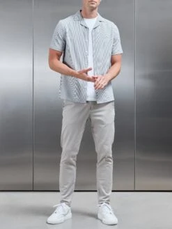 Seersucker Short Sleeve Revere Collar Shirt In Black -Cheap Shirts Shop SEERSUCKER SS REVERE COLLAR SHIRT IN BLACK 139