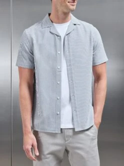 Seersucker Short Sleeve Revere Collar Shirt In Black -Cheap Shirts Shop SEERSUCKER SS REVERE COLLAR SHIRT IN BLACK 159