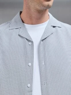 Seersucker Short Sleeve Revere Collar Shirt In Black -Cheap Shirts Shop SEERSUCKER SS REVERE COLLAR SHIRT IN BLACK 161