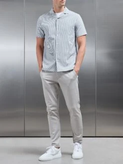 Seersucker Short Sleeve Revere Collar Shirt In Black -Cheap Shirts Shop SEERSUCKER SS REVERE COLLAR SHIRT IN BLACK 169