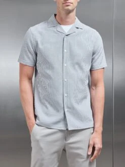 Seersucker Short Sleeve Revere Collar Shirt In Black -Cheap Shirts Shop SEERSUCKER SS REVERE COLLAR SHIRT IN BLACK 176