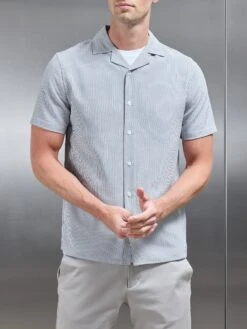 Seersucker Short Sleeve Revere Collar Shirt In Black -Cheap Shirts Shop SEERSUCKER SS REVERE COLLAR SHIRT IN BLACK 180