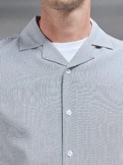 Seersucker Short Sleeve Revere Collar Shirt In Black -Cheap Shirts Shop SEERSUCKER SS REVERE COLLAR SHIRT IN BLACK 189