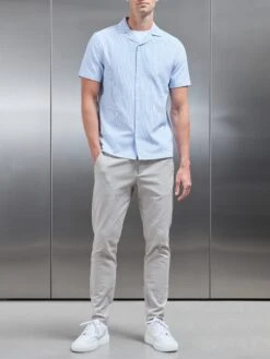 Seersucker Short Sleeve Revere Collar Shirt In Light Blue -Cheap Shirts Shop SEERSUCKER SS REVERE COLLAR SHIRT IN LIGHT BLUE 105