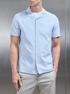Seersucker Short Sleeve Revere Collar Shirt In Light Blue -Cheap Shirts Shop SEERSUCKER SS REVERE COLLAR SHIRT IN LIGHT BLUE 121