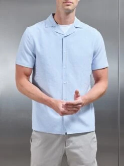 Seersucker Short Sleeve Revere Collar Shirt In Light Blue -Cheap Shirts Shop SEERSUCKER SS REVERE COLLAR SHIRT IN LIGHT BLUE 127