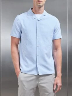 Seersucker Short Sleeve Revere Collar Shirt In Light Blue -Cheap Shirts Shop SEERSUCKER SS REVERE COLLAR SHIRT IN LIGHT BLUE 129