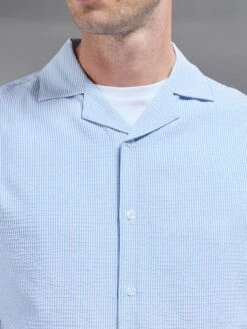 Seersucker Short Sleeve Revere Collar Shirt In Light Blue -Cheap Shirts Shop SEERSUCKER SS REVERE COLLAR SHIRT IN LIGHT BLUE 131