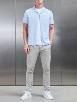 Seersucker Short Sleeve Revere Collar Shirt In Light Blue -Cheap Shirts Shop SEERSUCKER SS REVERE COLLAR SHIRT IN LIGHT BLUE 80