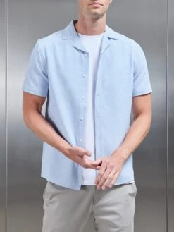 Seersucker Short Sleeve Revere Collar Shirt In Light Blue -Cheap Shirts Shop SEERSUCKER SS REVERE COLLAR SHIRT IN LIGHT BLUE 91