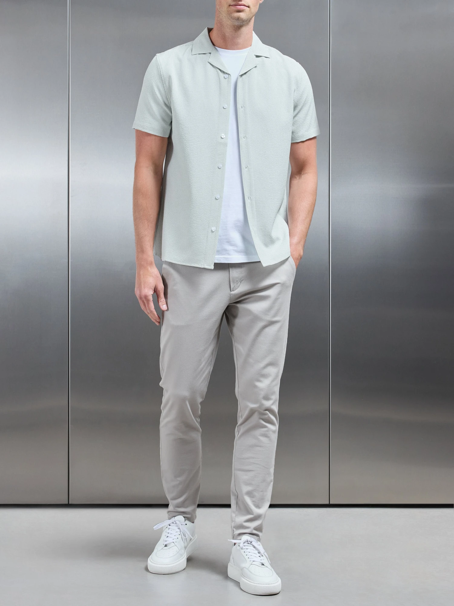 Seersucker Short Sleeve Revere Collar Shirt In Sage 4 Seersucker Short Sleeve Revere Collar Shirt In Sage - Image 2