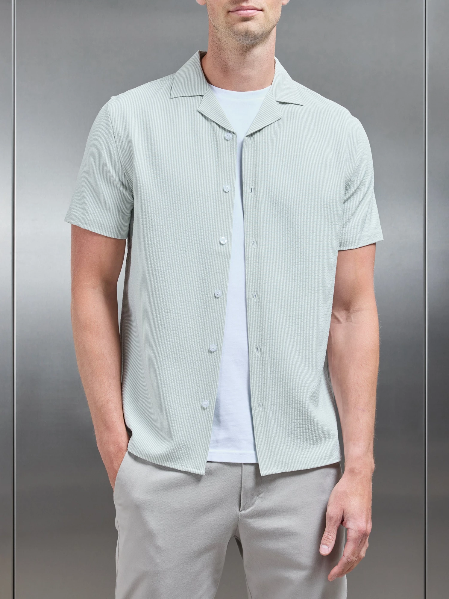 Seersucker Short Sleeve Revere Collar Shirt In Sage 5 Seersucker Short Sleeve Revere Collar Shirt In Sage - Image 3