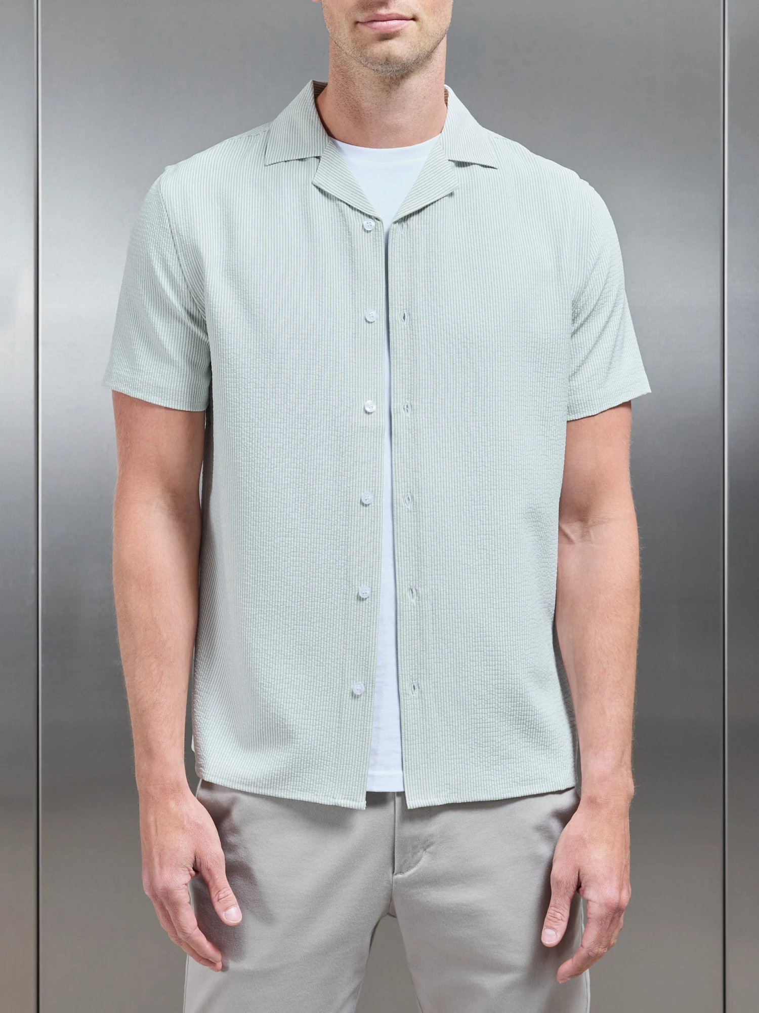 Seersucker Short Sleeve Revere Collar Shirt In Sage 7 Seersucker Short Sleeve Revere Collar Shirt In Sage - Image 5