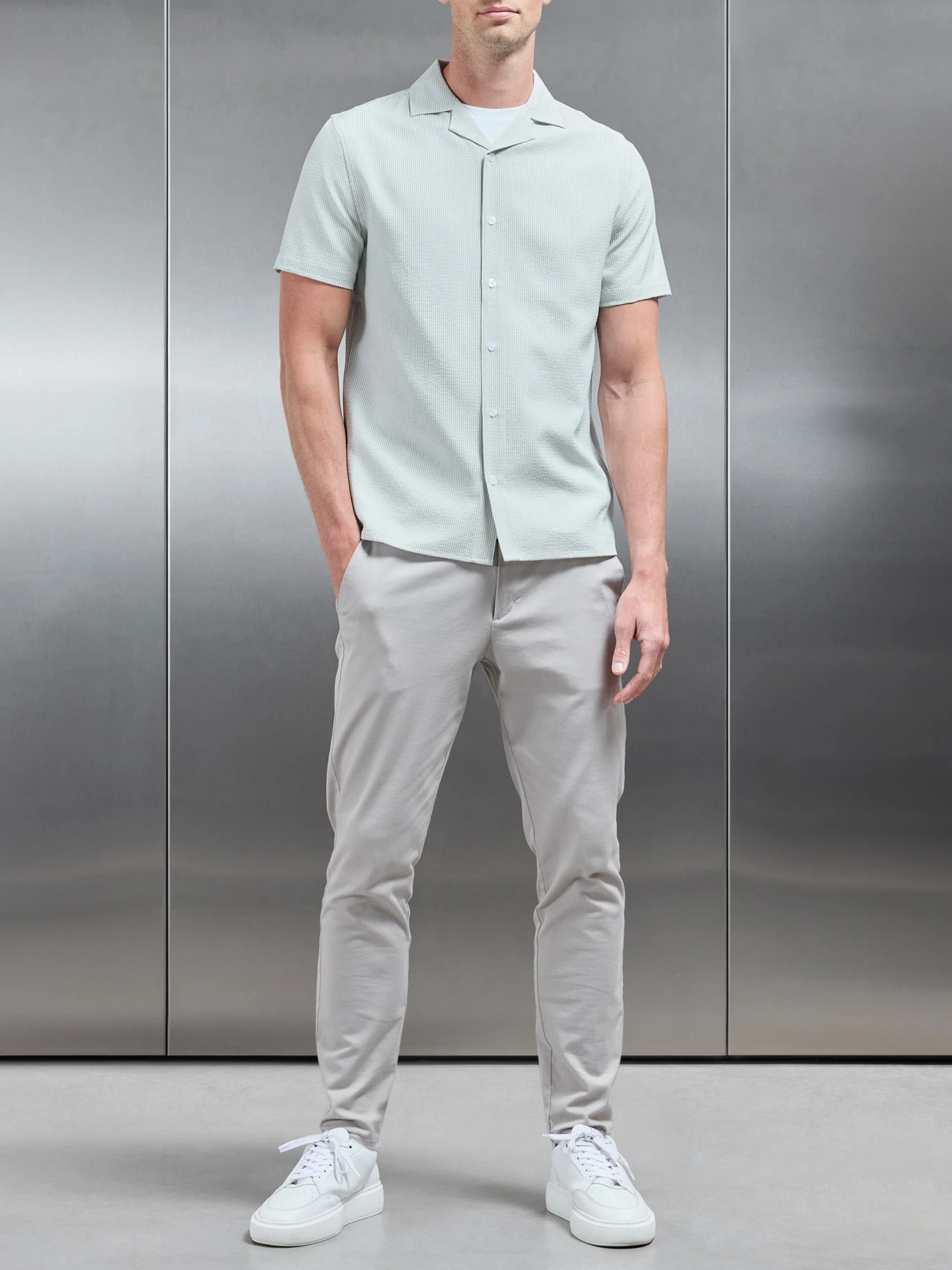 Seersucker Short Sleeve Revere Collar Shirt In Sage 9 Seersucker Short Sleeve Revere Collar Shirt In Sage - Image 7