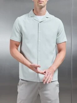 Seersucker Short Sleeve Revere Collar Shirt In Sage