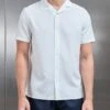 Seersucker Short Sleeve Revere Collar Shirt In White -Cheap Shirts Shop SEERSUCKER SS REVERE COLLAR SHIRT IN WHITE 030