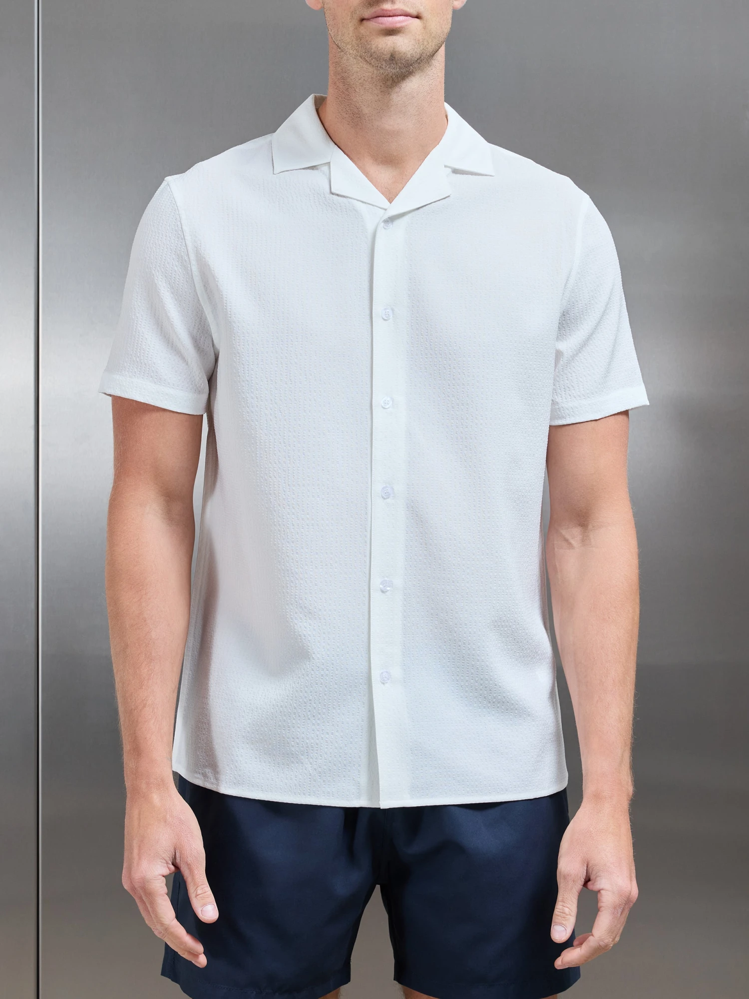 Seersucker Short Sleeve Revere Collar Shirt In White 3 Seersucker Short Sleeve Revere Collar Shirt In White