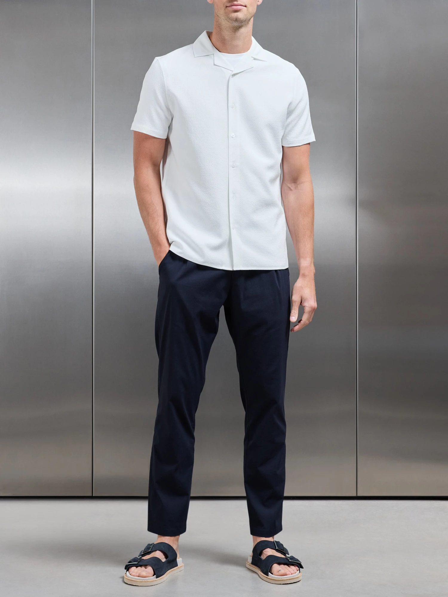 Seersucker Short Sleeve Revere Collar Shirt In White 8 Seersucker Short Sleeve Revere Collar Shirt In White - Image 6
