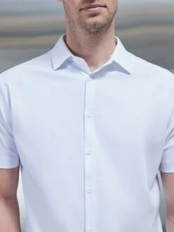 Mercerised Cotton Short Sleeve Shirt In White -Cheap Shirts Shop STRAIGHT MERCERISED SHORT SLEEVE SHIRT WHITE 0121