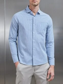 Stripe Long Sleeve Cutaway Collar Shirt In Blue -Cheap Shirts Shop STRIPE LONG SLEEVE SHIRT IN BLUE 0903