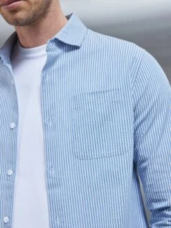 Stripe Long Sleeve Cutaway Collar Shirt In Blue -Cheap Shirts Shop STRIPE LONG SLEEVE SHIRT IN BLUE 0928