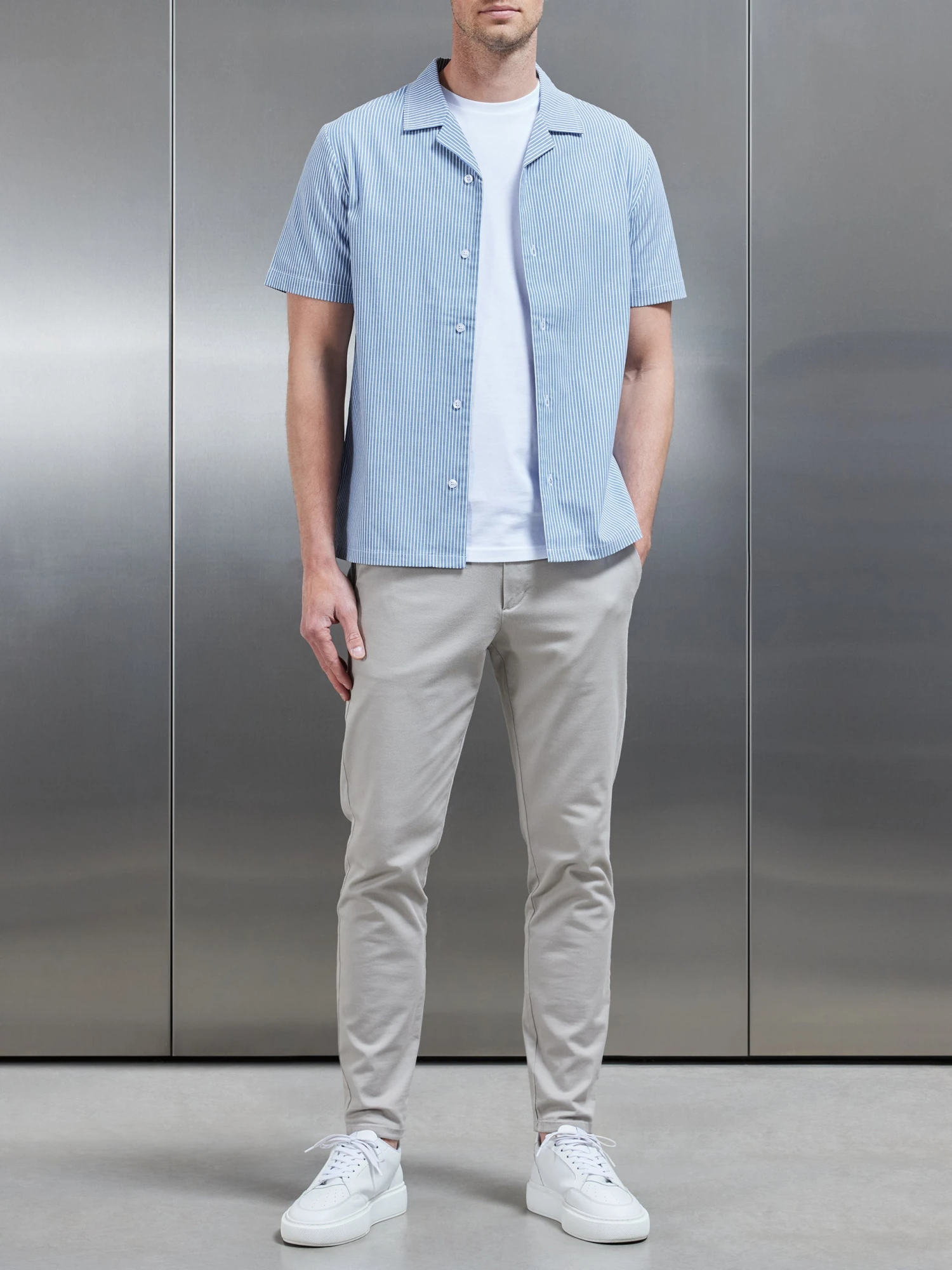 Stripe Short Sleeve Revere Collar Shirt In Blue 4 Stripe Short Sleeve Revere Collar Shirt In Blue - Image 2