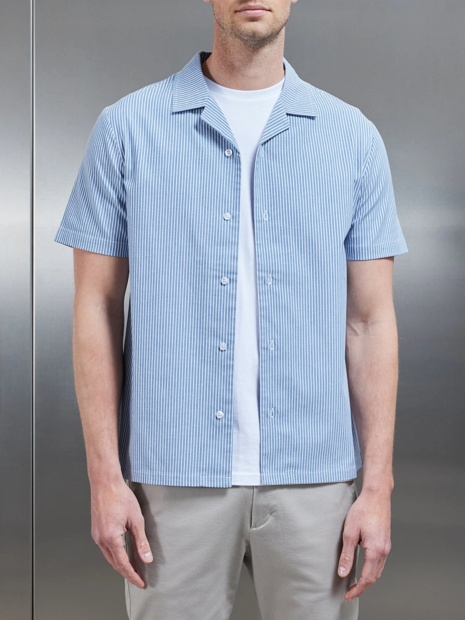 Stripe Short Sleeve Revere Collar Shirt In Blue 7 Stripe Short Sleeve Revere Collar Shirt In Blue - Image 5
