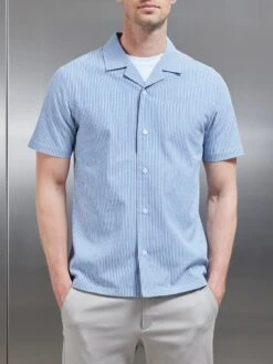 Stripe Short Sleeve Revere Collar Shirt In Blue 9 Stripe Short Sleeve Revere Collar Shirt In Blue -Cheap Shirts Shop STRIPE REVERE COLLAR SHIRT IN BLUE 0847