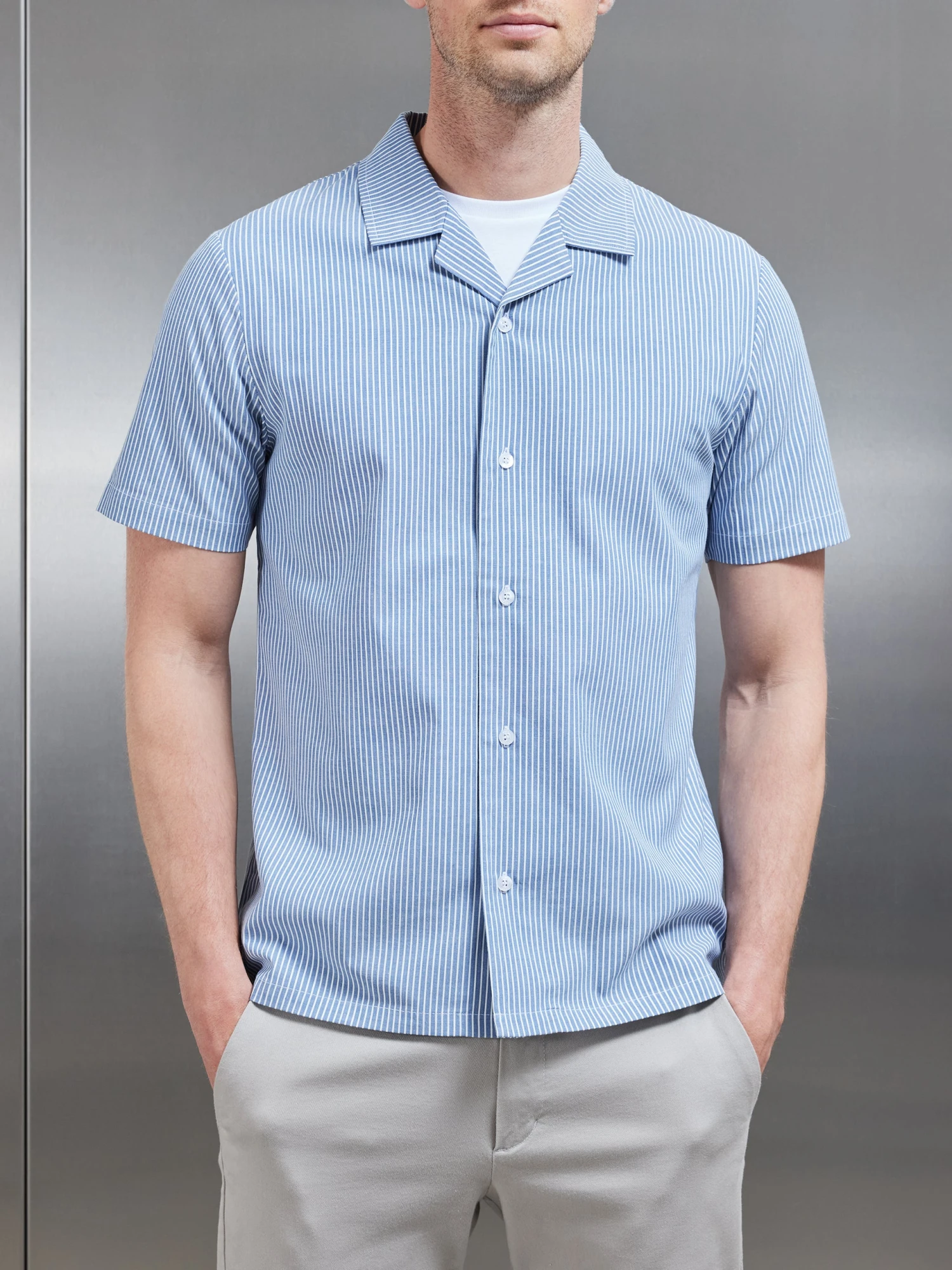 Stripe Short Sleeve Revere Collar Shirt In Blue 5 Stripe Short Sleeve Revere Collar Shirt In Blue - Image 3