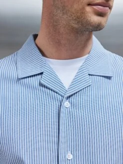 Stripe Short Sleeve Revere Collar Shirt In Blue 10 Stripe Short Sleeve Revere Collar Shirt In Blue -Cheap Shirts Shop STRIPE REVERE COLLAR SHIRT IN BLUE 0849